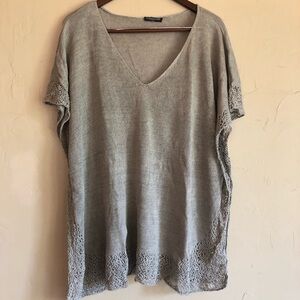 100% linen.  Eileen Fisher.  Gorgeous, detailed top.  Beige.  Boxy.